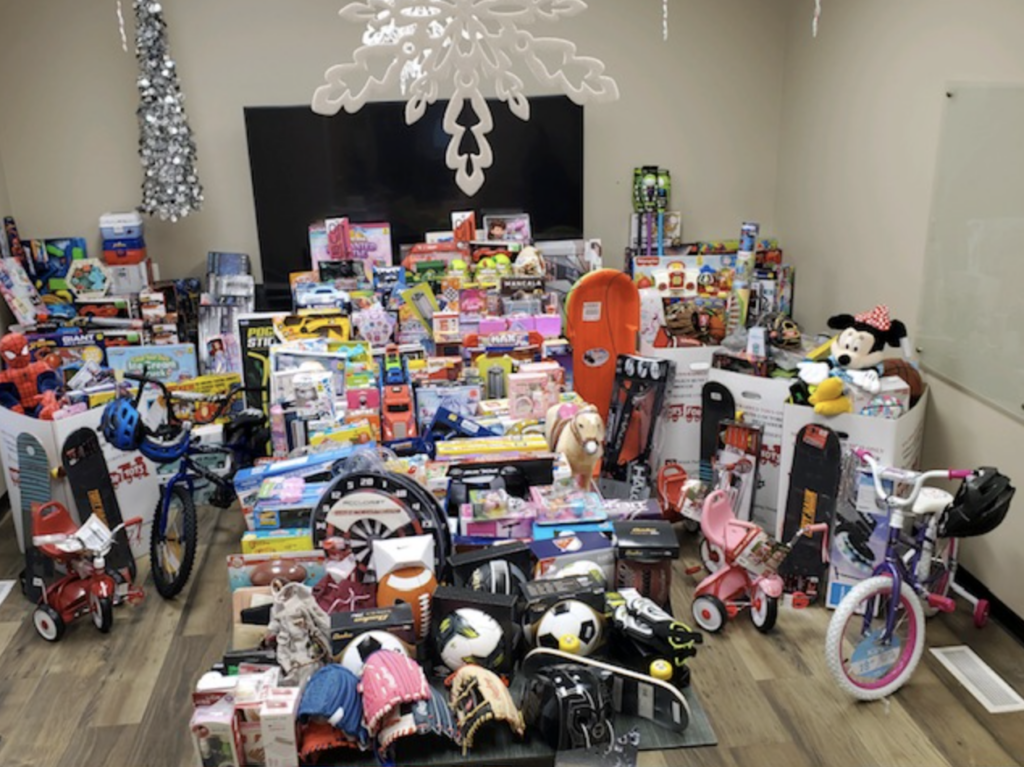 Room filled with toys for holiday donation